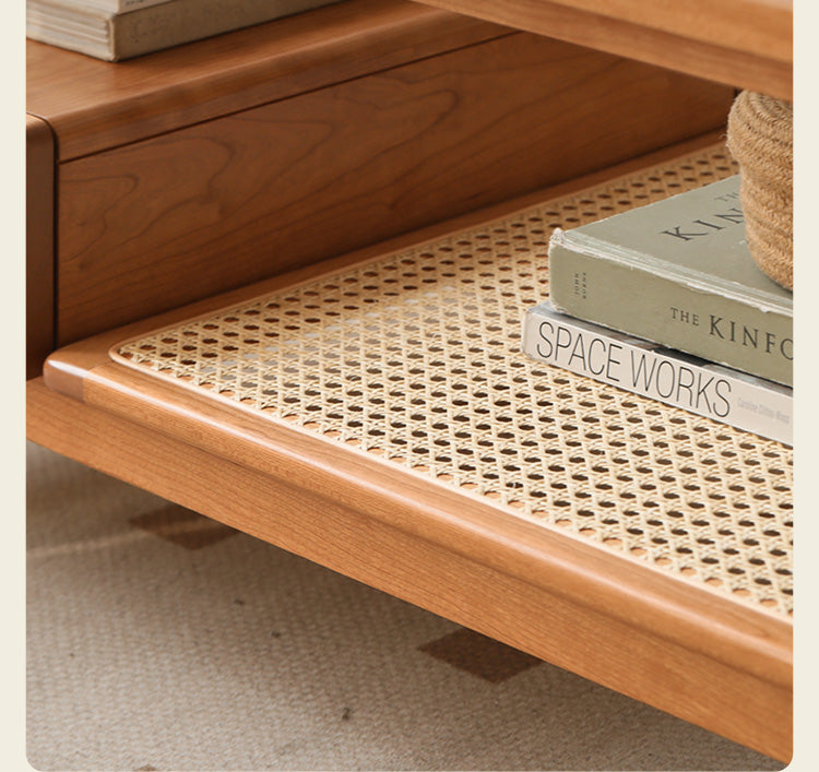 Cherry Solid Wood Coffee Table Glass, Rattan