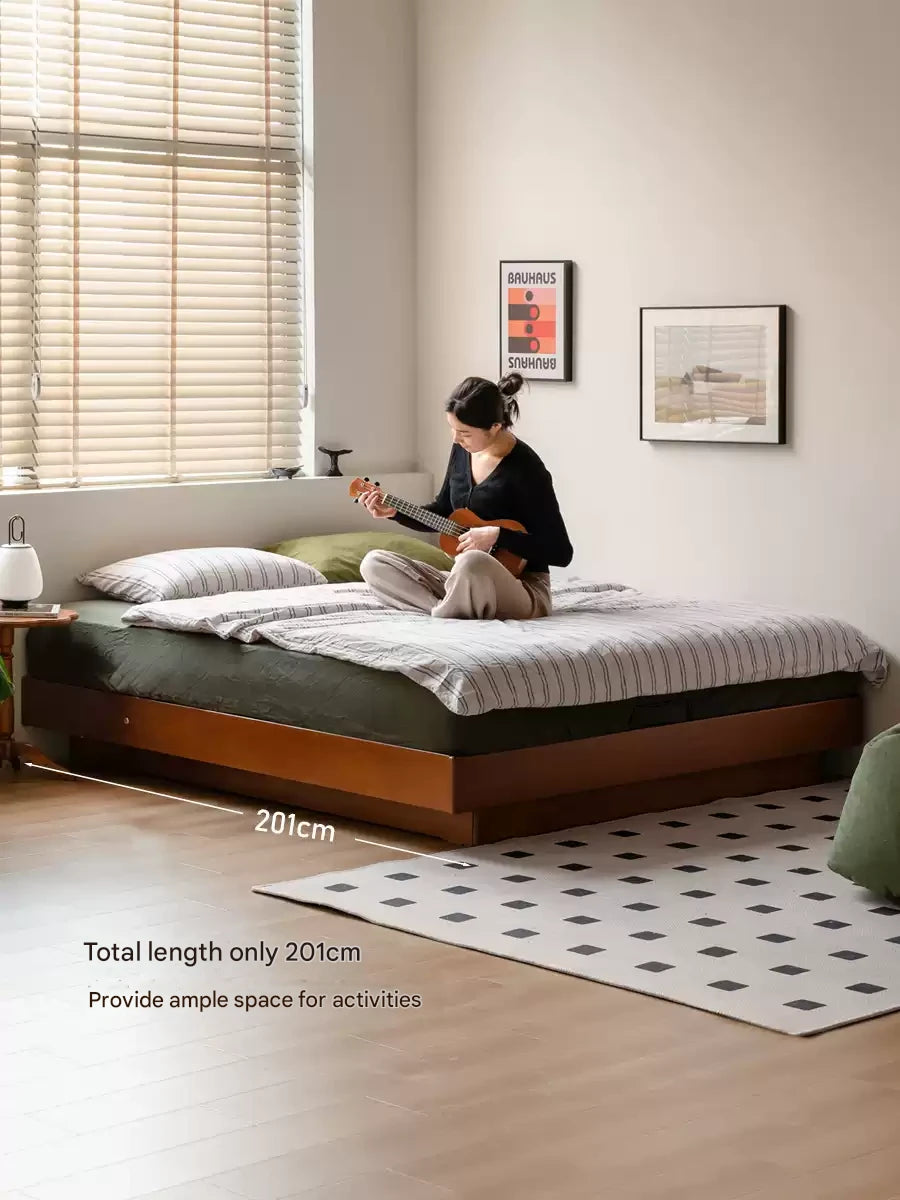 Poplar Solid Wood Retro Platform Box Bed, Headboard-Free Bed with light