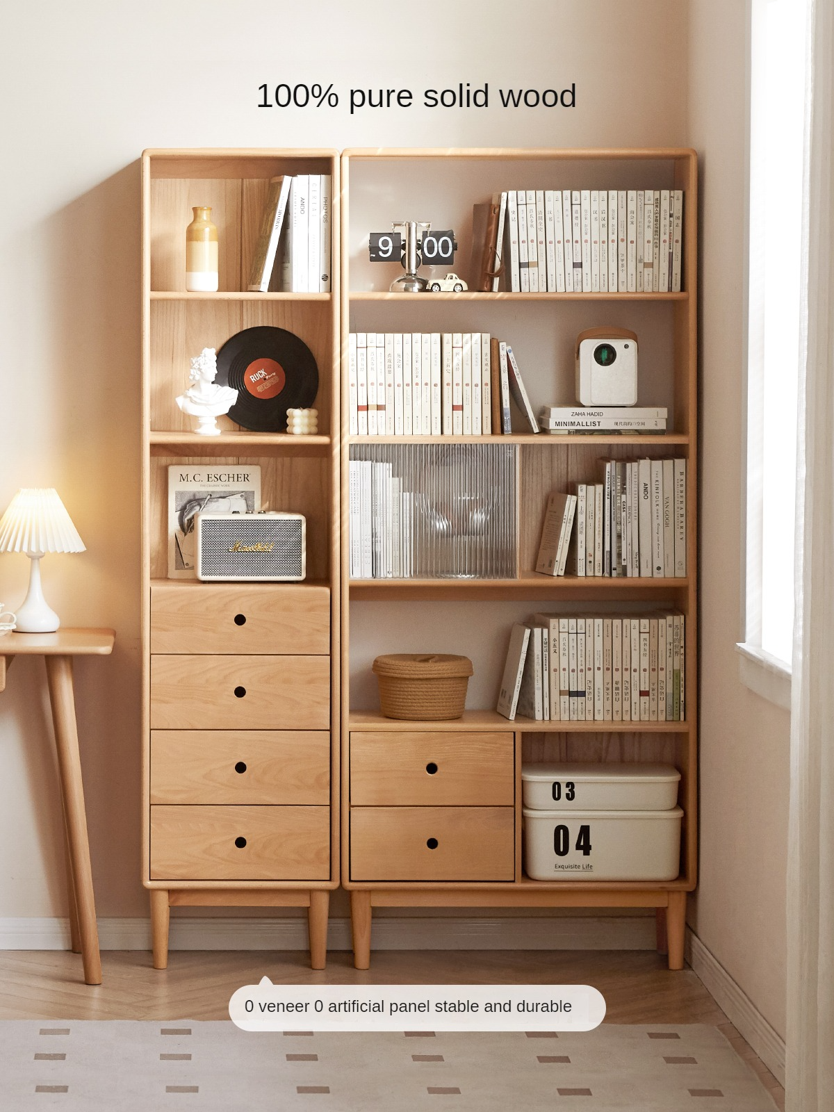 Beech Solid Wood Bookcase with Spacious Cabinet Storage