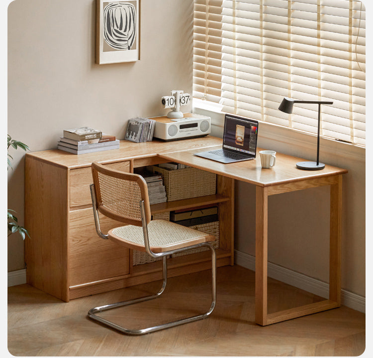 Oak Solid Wood Desk Bookcase Integrated Corner Office Table
