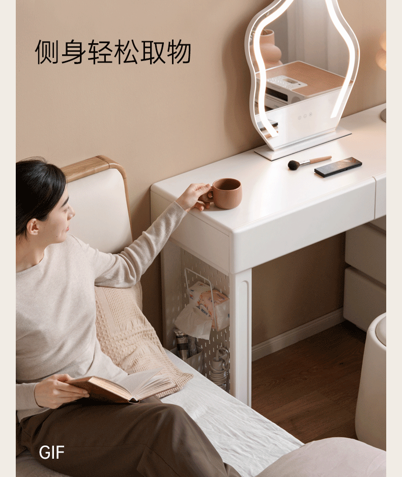 Solid Rubberwood Telescopic Vanity Table with Single-Layer Storage in White Cream