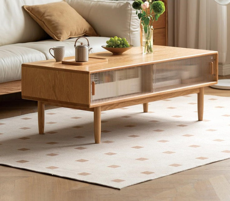 Oak, Beech, Solid Rubberwood Glass Doors Coffee Table