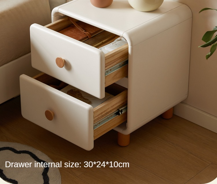 Solid Rubberwood Nightstand Cream Style White Cabinet.