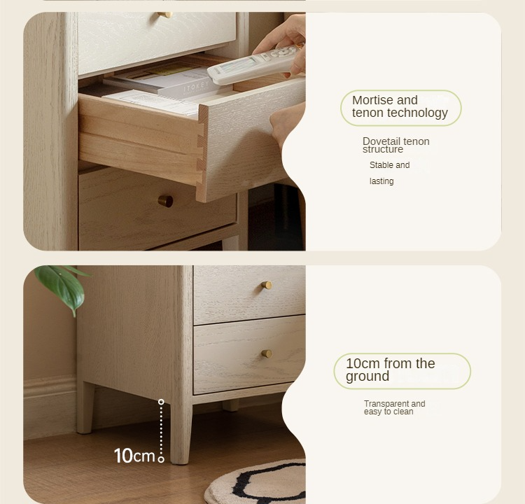 Oak Solid Wood, Solid RubberWood Nightstand Cream Style)