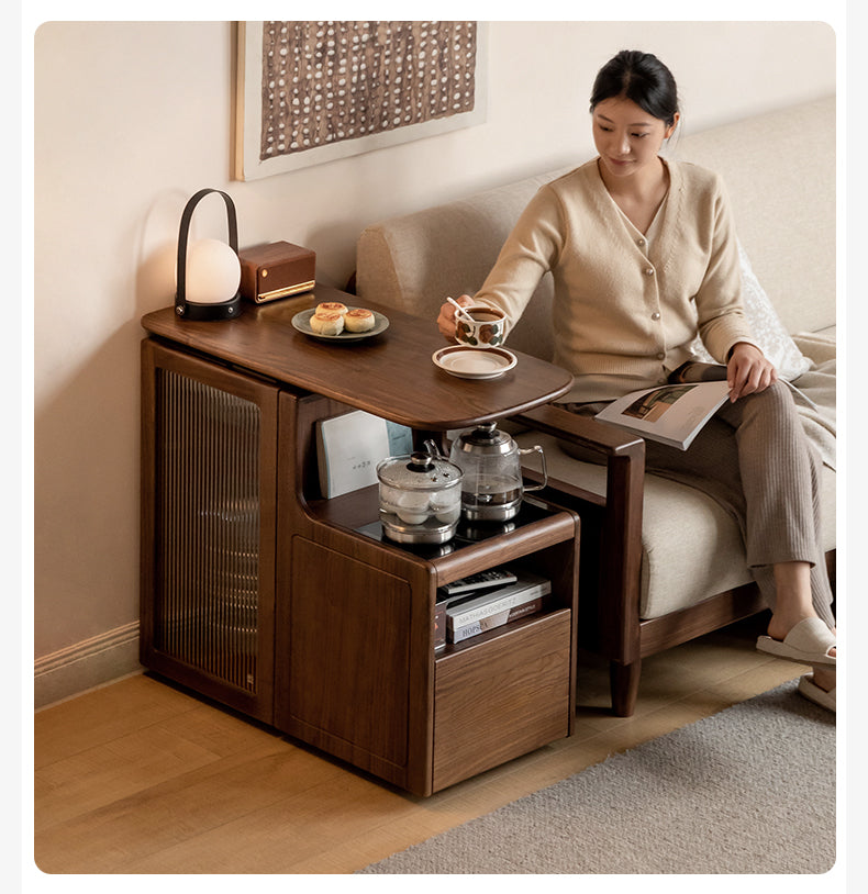 Black Walnut, Oak Solid Wood Movable Multifunctional Tea Cabinet Kettle Integrated