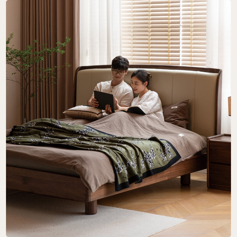 Black Walnut, Ash Solid Wood leather Simple High Soft Back Bed