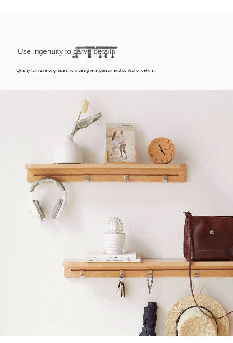 Beech Solid Wood Wall Shelf With Hooks