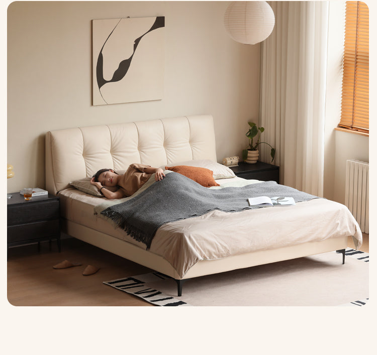 Genuine Leather, Ecological Cloud Leather Bed Cream Style Light Luxury