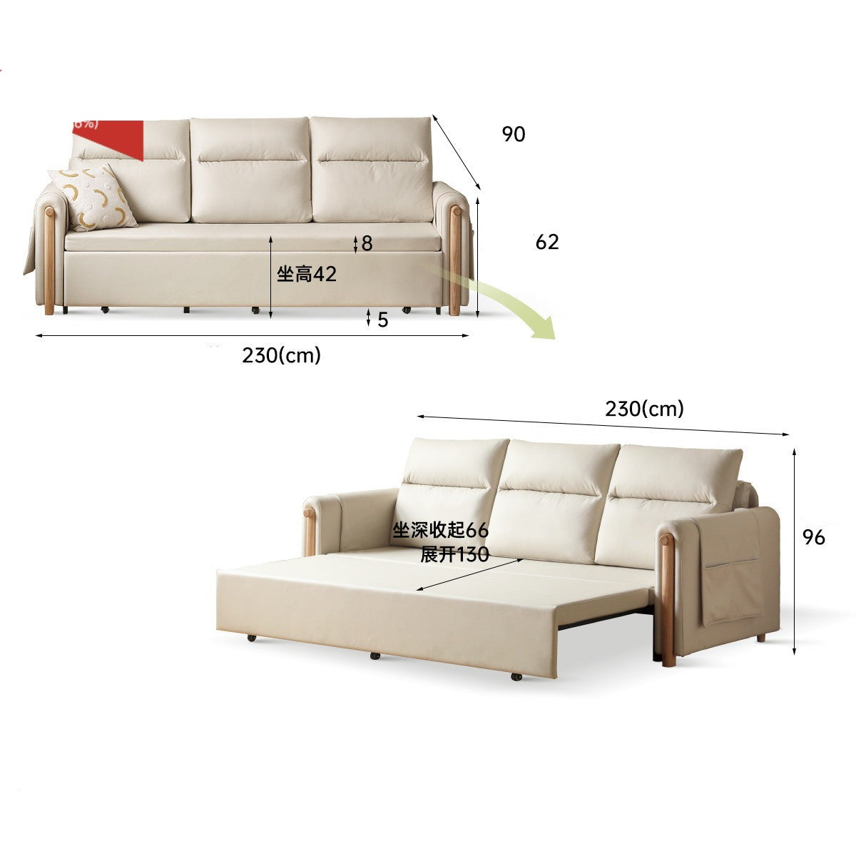 Fabric Sleeper sofa Ash solid wood+