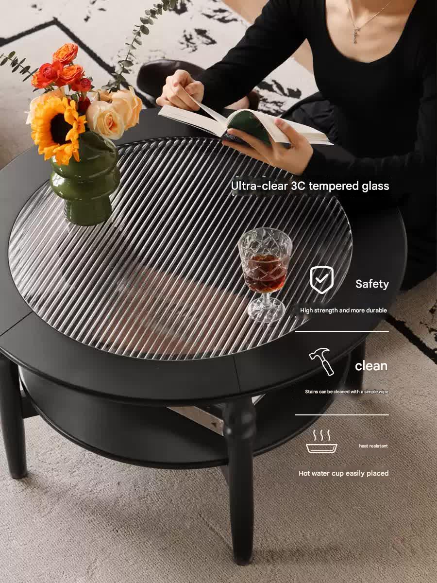 Rubber Solid Wood French Retro Glass Coffee Table.