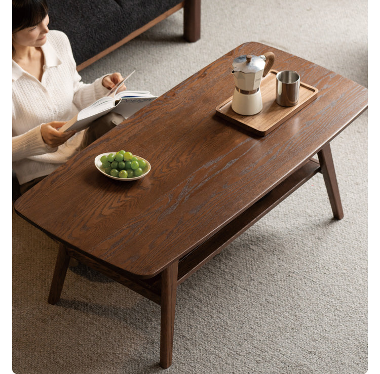 Solid Rubberwood, Beech, Oak Solid Wood Walnut Color Double-Layer Coffee Table