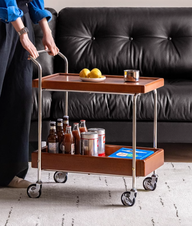 Oak, Poplar Solid Wood Antique Style Double Layer Mobile Side Table