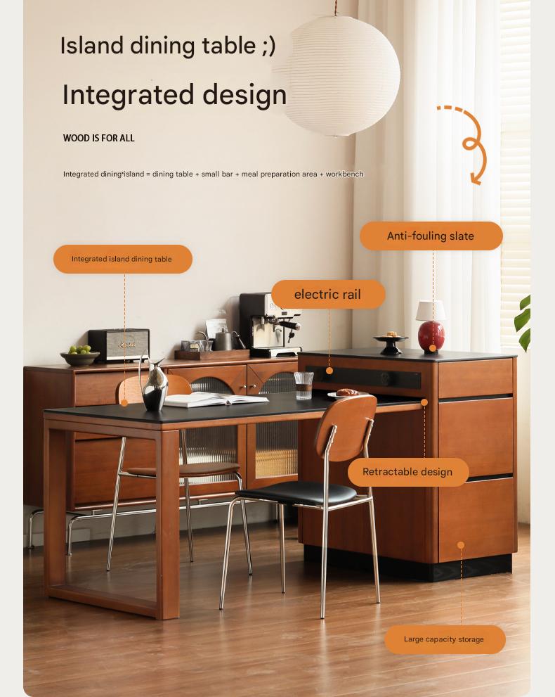 Poplar Solid Wood Island Retro Retractable Rock Plate Table Integrated.