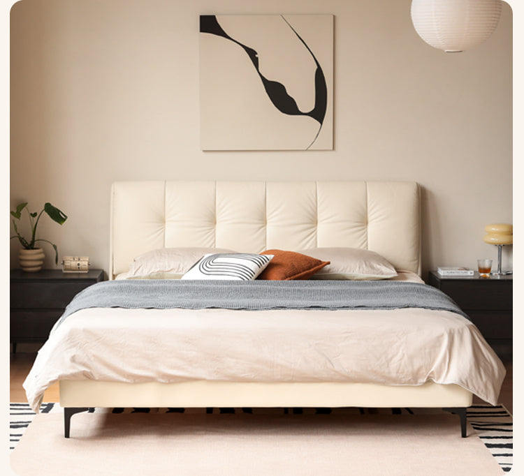 Genuine Leather, Ecological Cloud Leather Bed Cream Style Light Luxury
