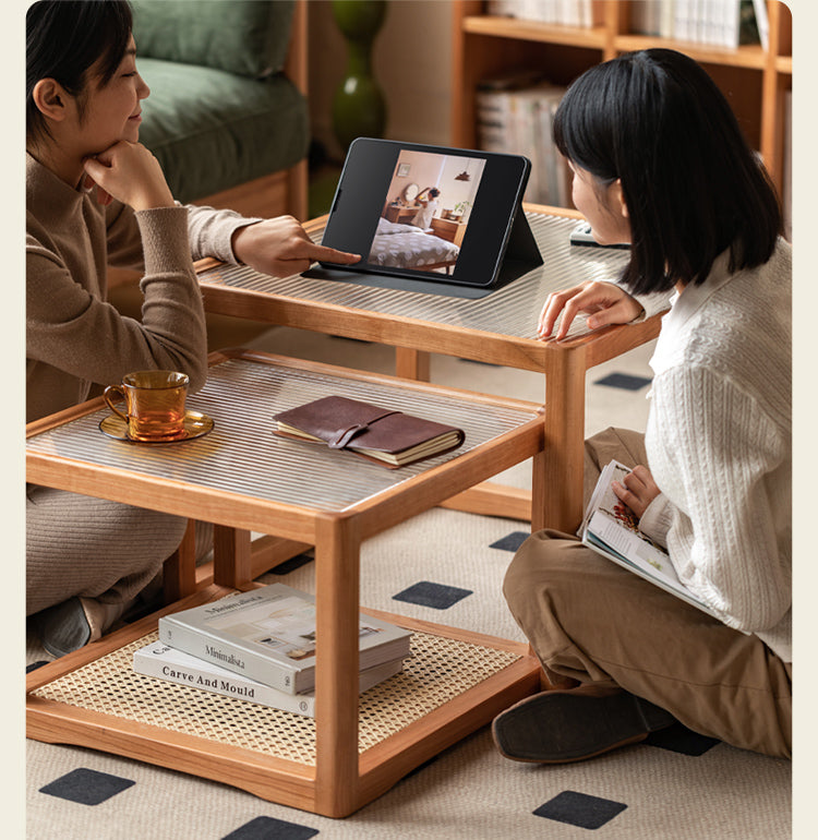 Cherry Solid Wood Square Retro Rattan Coffee Table