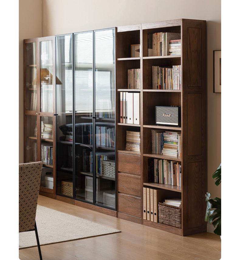 Solid Rubberwood, Oak Solid Wood Bookcase Modern With Glass Door