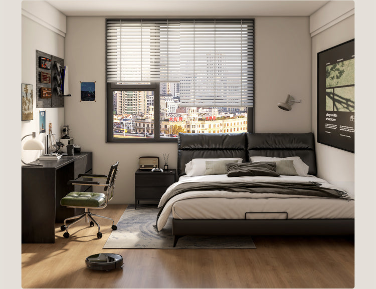 Genuine leather cowhide bed bedroom complete furniture light luxury style black.