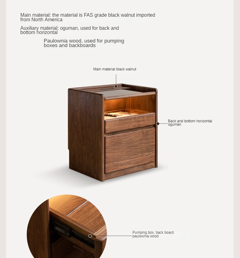 Russian White Oak, Black Walnut, Oak, Ash, Sandalwood Solid Wood Nightstand Socket, Lamp.