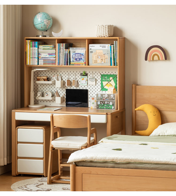 Beech Solid Wood Bookshelf Integrated Kids Desk.