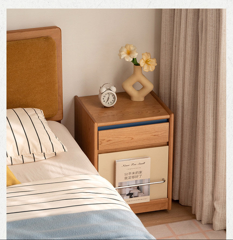 Cherry Solid Wood Nightstand with Storage Drawer and Magazine Holder with Wheels