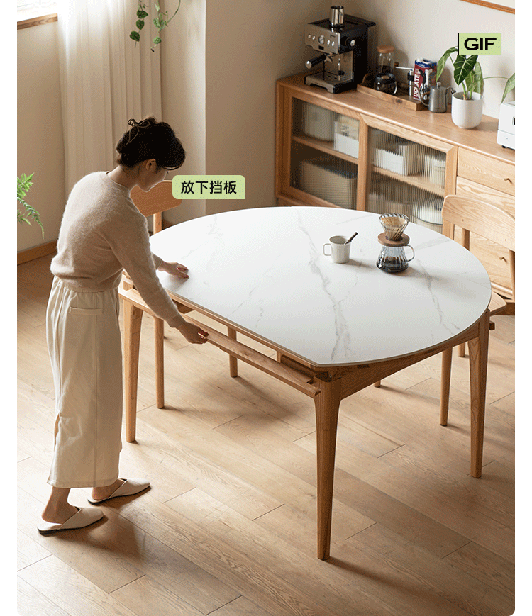 Oak, Solid Rubberwood Round Folding Dining Table With Rock Slab Surface