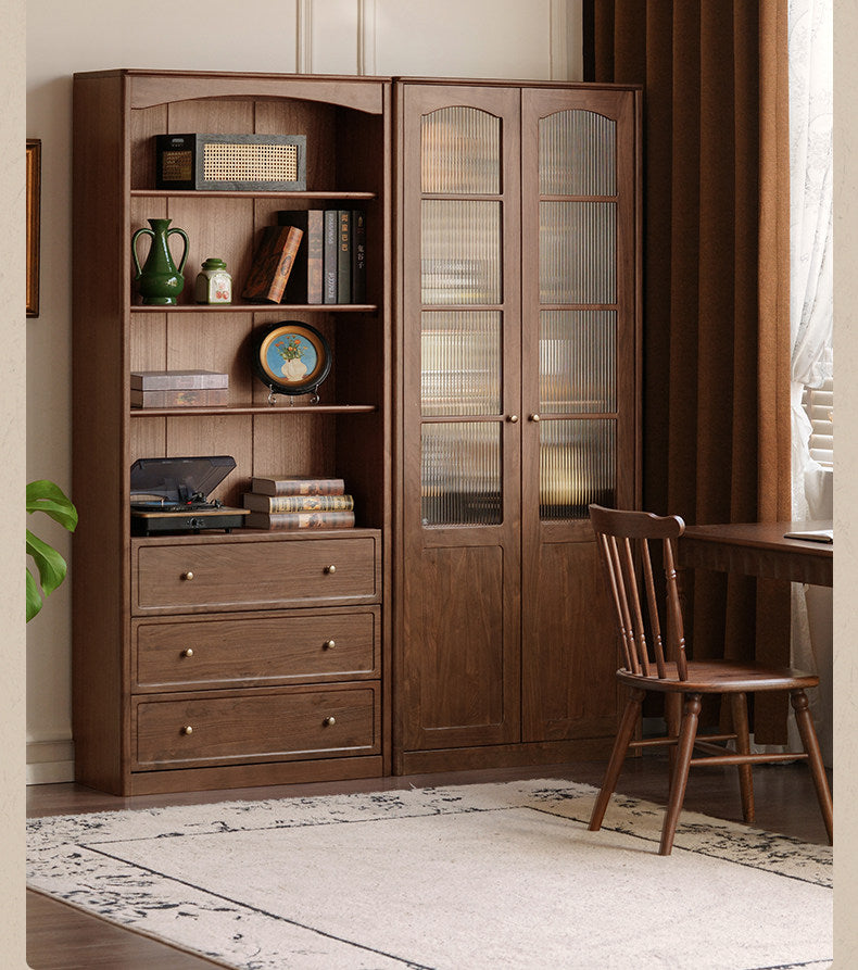 Black Walnut Solid Wood Bookshelf and Display Cabinet with Vintage French Profile