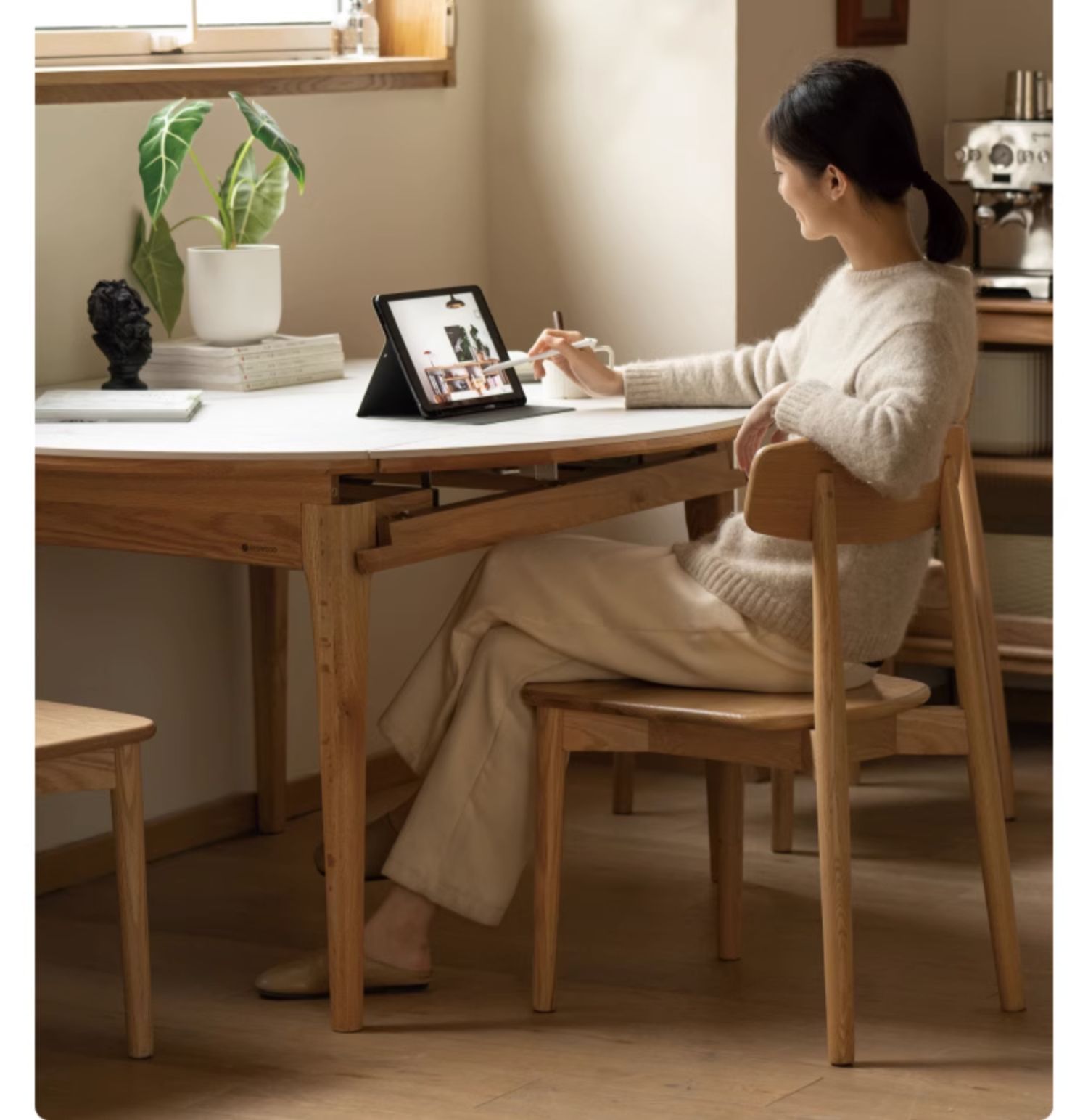 Oak Solid Wood Round Folding Dining Table With Rock Slab Surface
