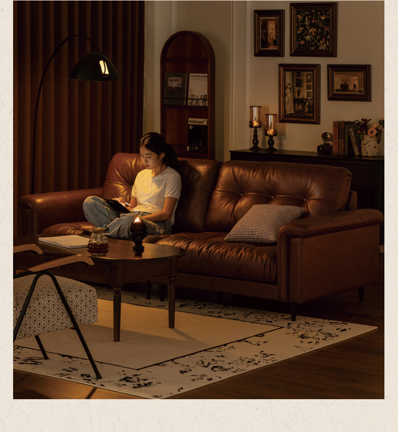 Leather Sofa American Retro Top Layer Cowhide Straight Sofa,