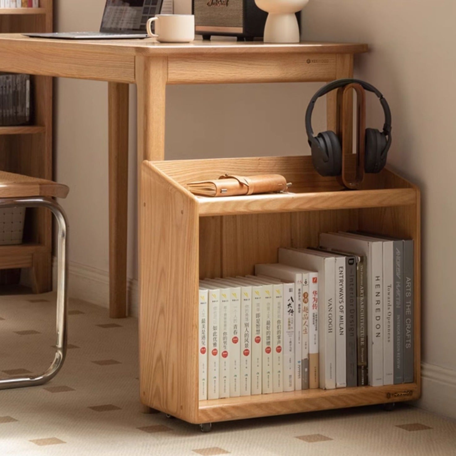 Oak, Rubberwood Solid Wood Under-desk Mobile Bookshelf