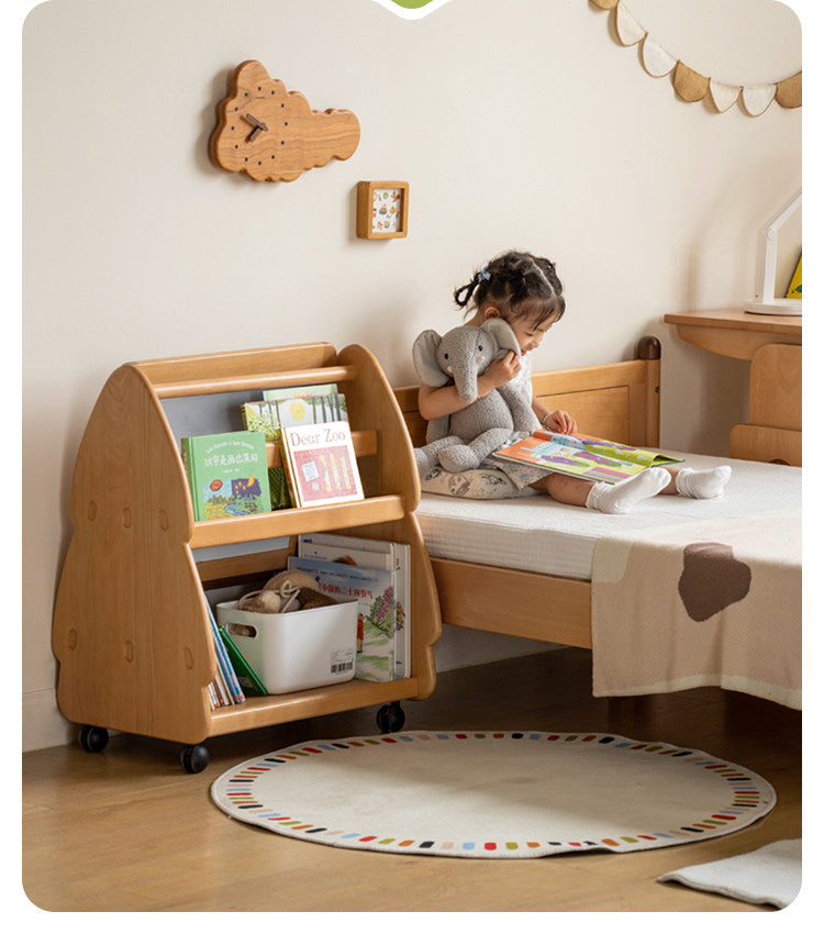 Beech, Poplar Solid Wood Movable Kids Bookshelf with Wheels, Multifunctional Storage