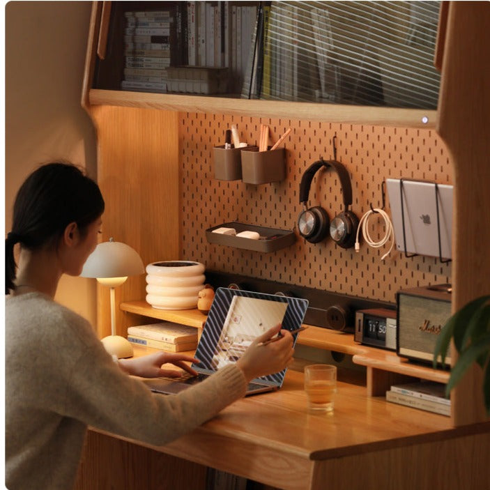 Oak, Cherry Solid Wood Desk Bookshelf Integrated Warm Light