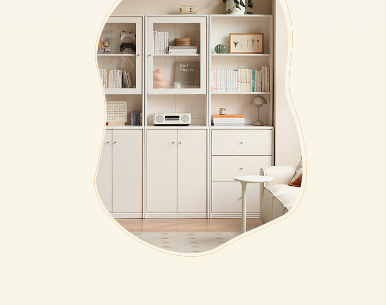 Solid RubberWood Bookcase Cream White Free Combination Glass Door Display Cabinet