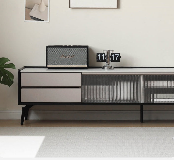 Oak Solid Wood Light Luxury Rock Slab Double Drawer TV Cabinet