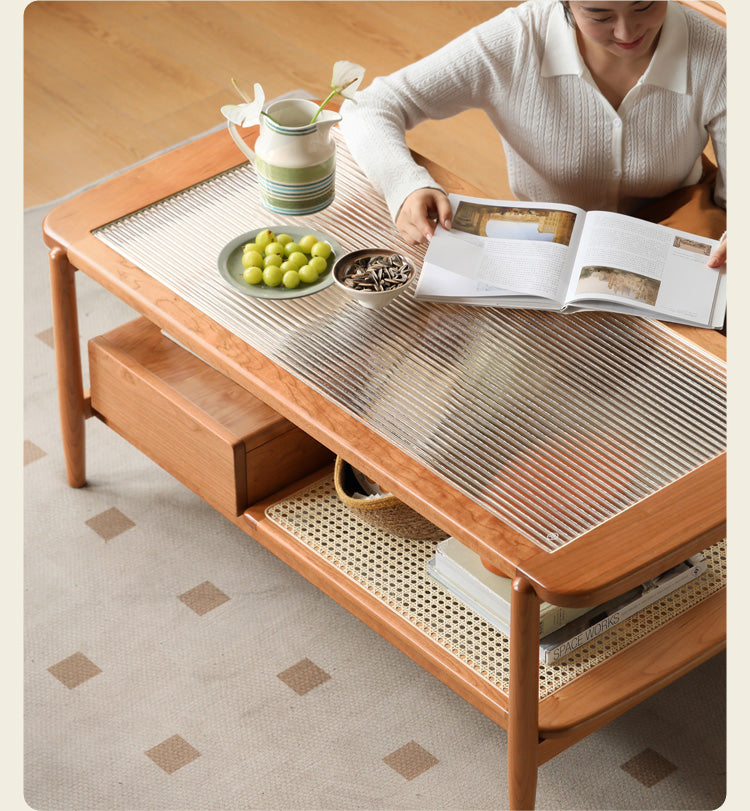 Cherry Solid Wood Coffee Table Glass, Rattan