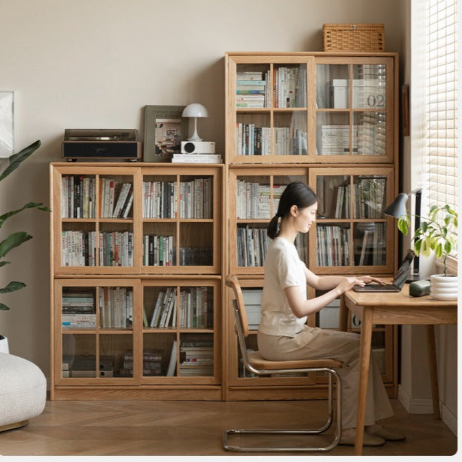Oak Solid Wood Bookcase Floor to Floor Free Combination Sliding Door