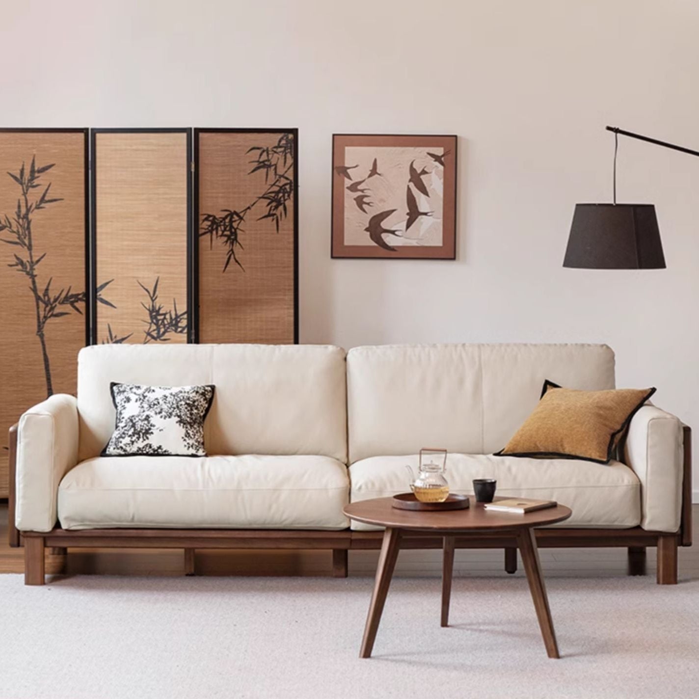 Black Walnut, Ash Solid Wood Leather High Back Sofa,