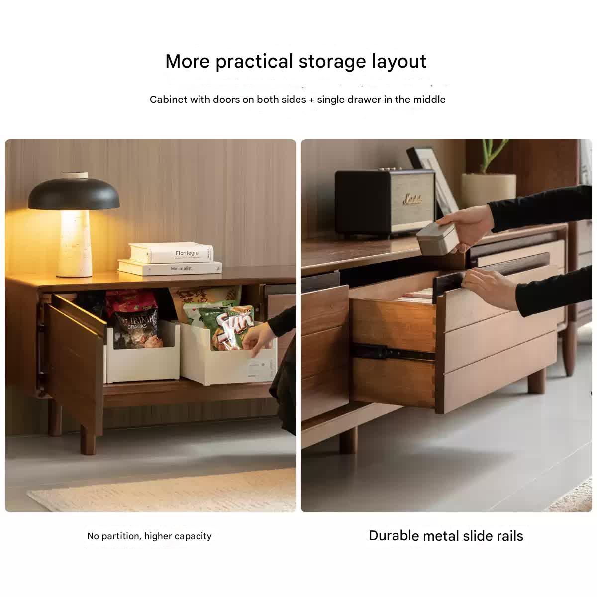 Black Walnut, Oak Solid Wood Floor Modern TV Cabinet.