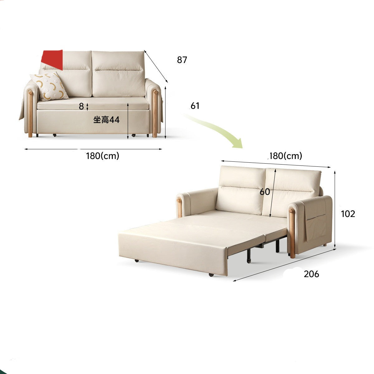 Fabric Sleeper sofa Ash solid wood+