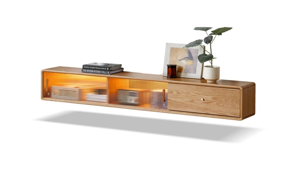 Oak solid wood suspended TV cabinet glass sliding door LED lights"+