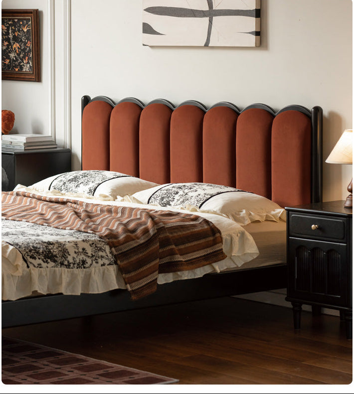 Rubber wood, Poplar Solid Wood Bed French Retro Style Black Harp Bed