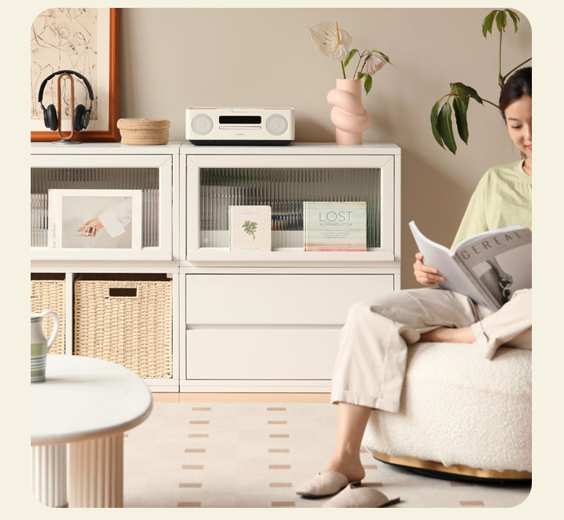 Poplar Solid Wood TV Cabinet Floor Cabinet Cream Style,