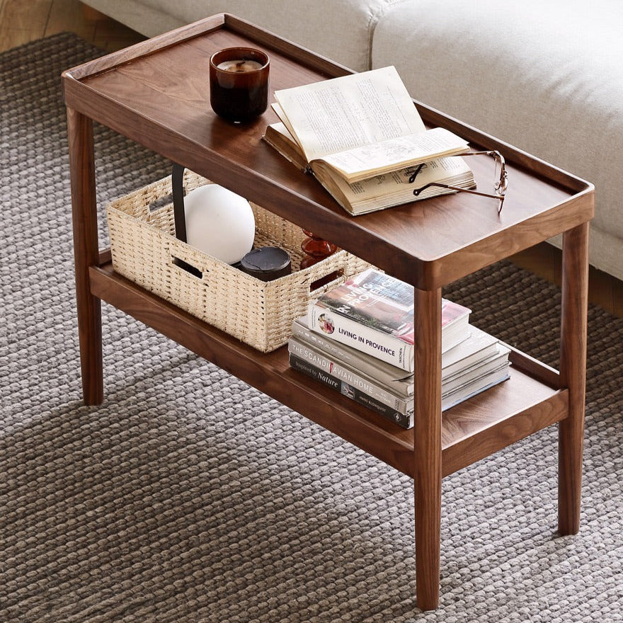 Black Walnut Solid Wood Side Table, Double Layer Storage Shelf