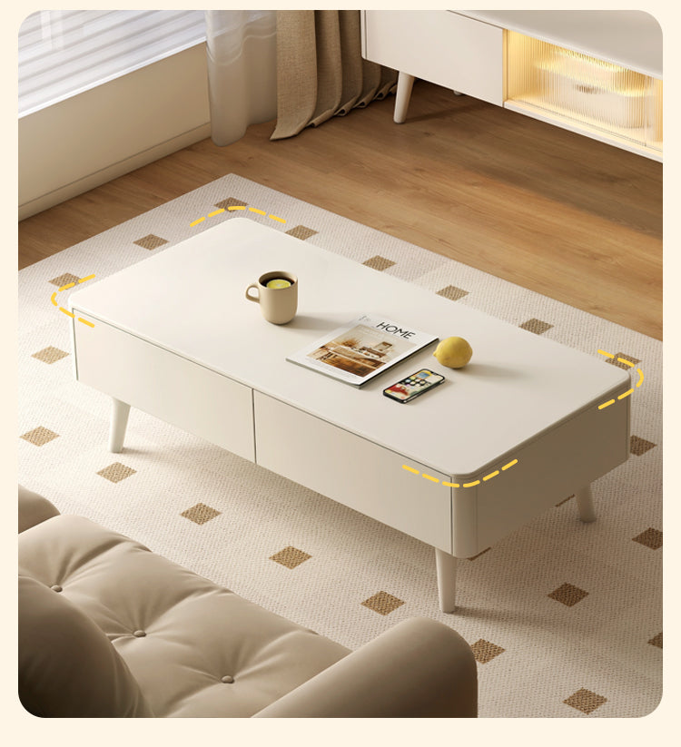 Rubber Solid Wood White Cream Style Rock Plate Coffee Table