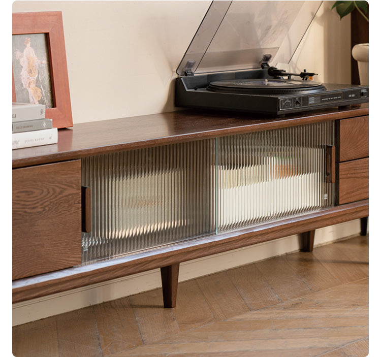 Oak, Solid Rubberwood, Beech Solid Wood TV Stand Glass Sliding Door