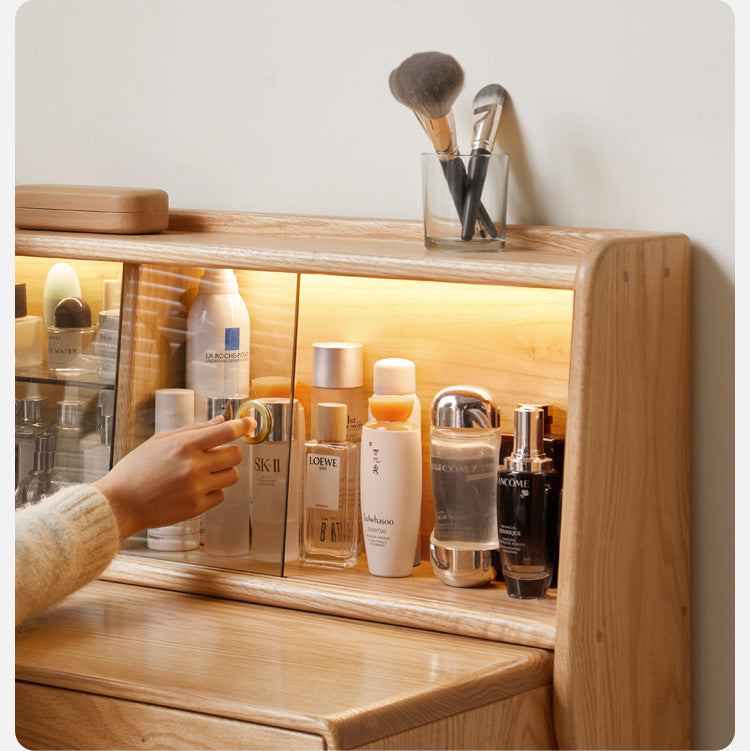 Oak Solid Wood Vanity Table Atmosphere With Lights.