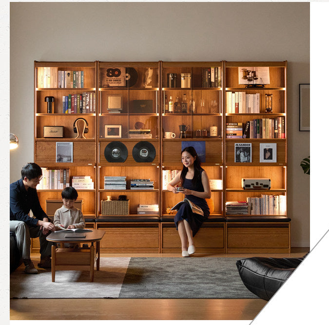 Cherry Solid Wood Bookcase with Wall Integration and Floor Storage Cabinet