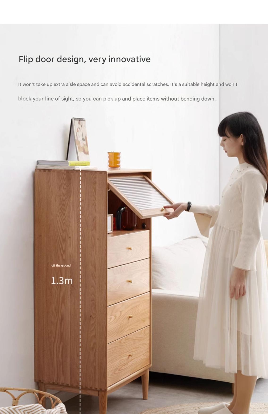Oak Solid Wood Chest of Drawers Flip Glass Door