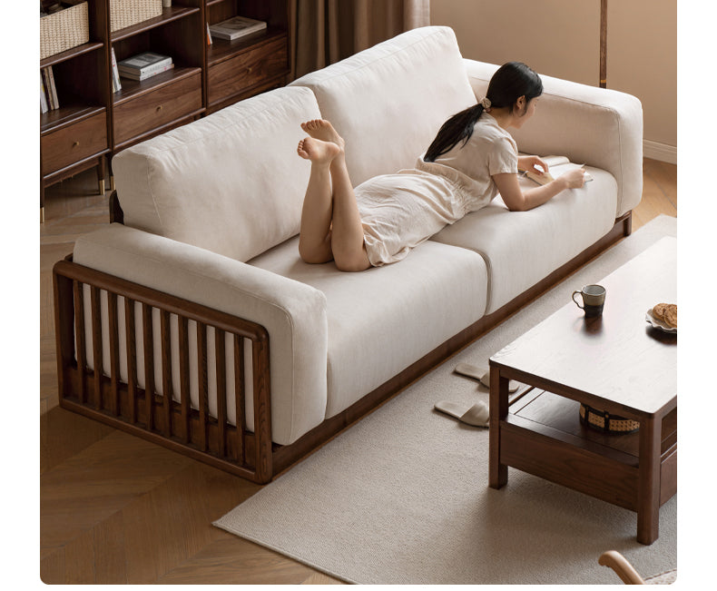 Ash Solid Wood Floor Fabric Tofu Block Sofa.