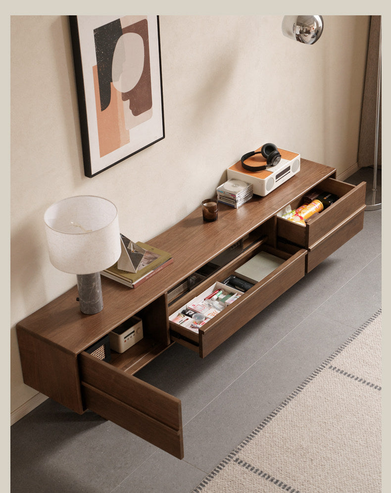 Black Walnut Solid Wood Luxury Style TV Cabinet with Slab Top and Storage