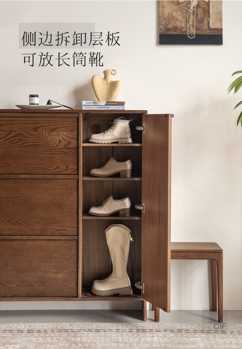 Oak Solid Wood Shoe Cabinet with Wabi-Sabi Style Storage Design